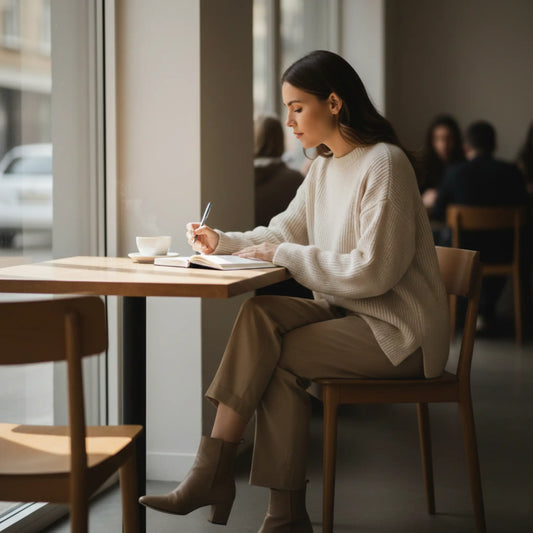 Femme pratiquant le journaling dans un café
