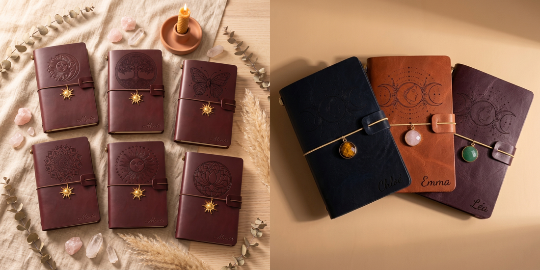 Carnets en cuir vegan personnalisés gravés au prénom, idée cadeau pour des noces de cuir