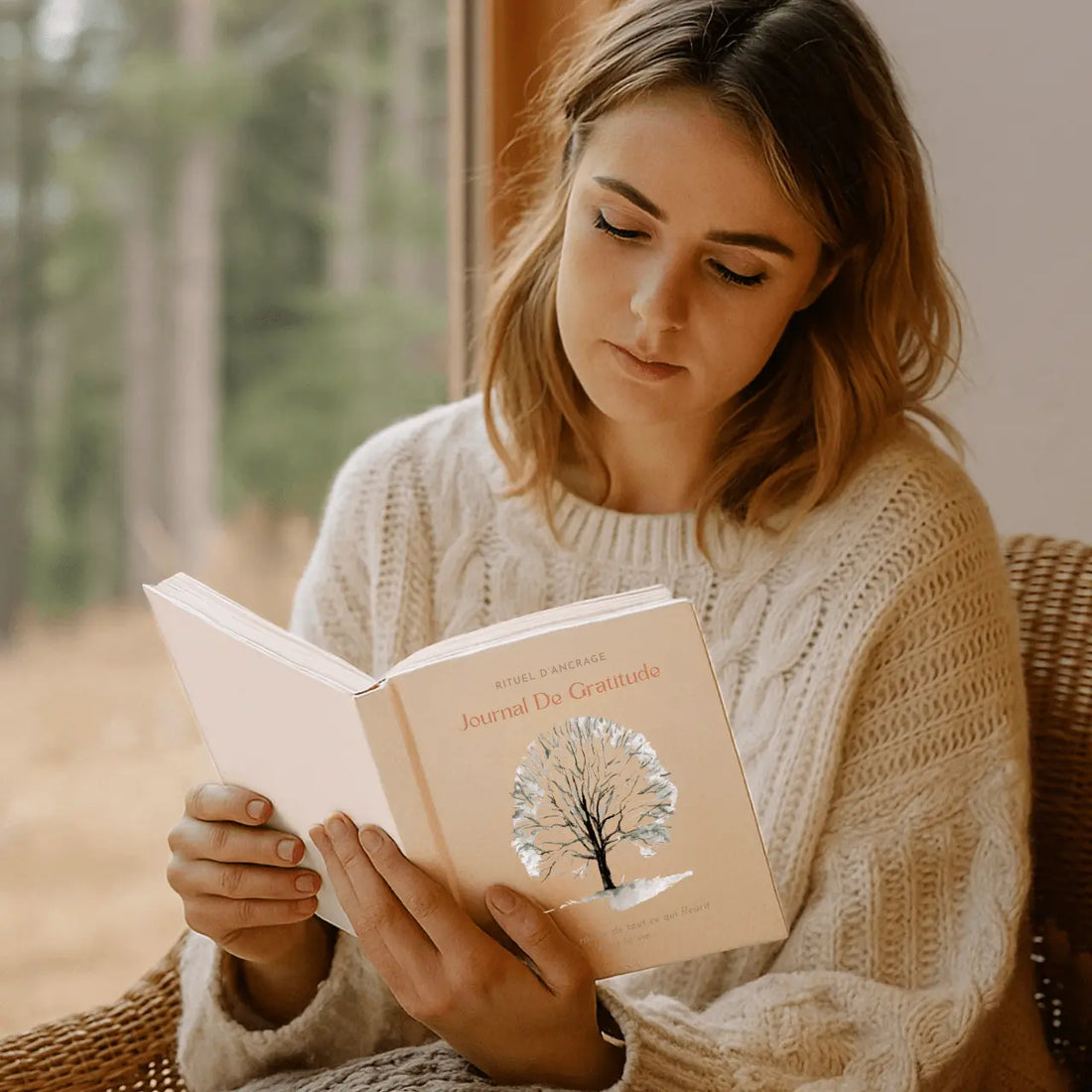 Femme en plein moment calme, écrivant dans son Journal de Gratitude, lumière douce, ambiance apaisante. Illustration du rituel des 5 minutes pour briser le cercle négatif et recentrer son attention sur le positif.