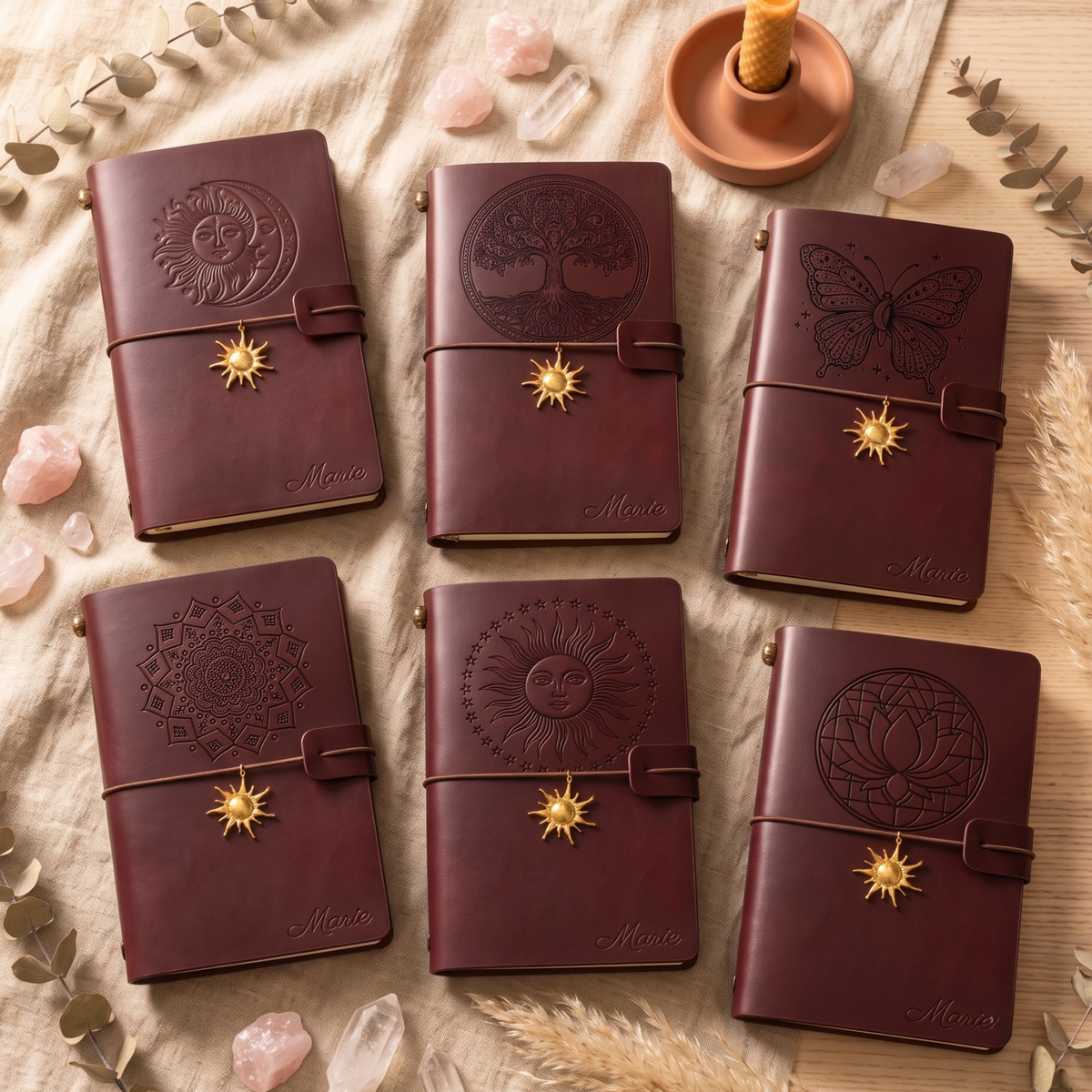 Carnet Cuir Personnalisé Prénom et Motif — Cahier Vegan Gravé