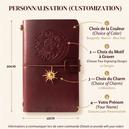 Carnet Cuir Personnalisé Prénom et Motif — Cahier Vegan Gravé