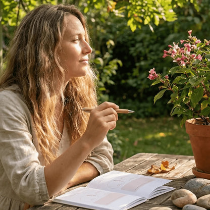 femme sur une table de jardin pratiquant la gratitude