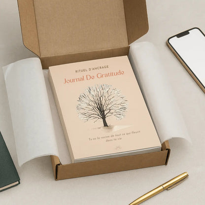 journal de gratitude dans sa boite d'emballage en carton posé sur une table 