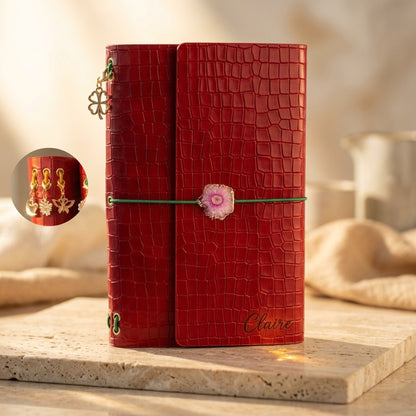 Carnet cuir vegan A5 rouge avec pierre agate rose