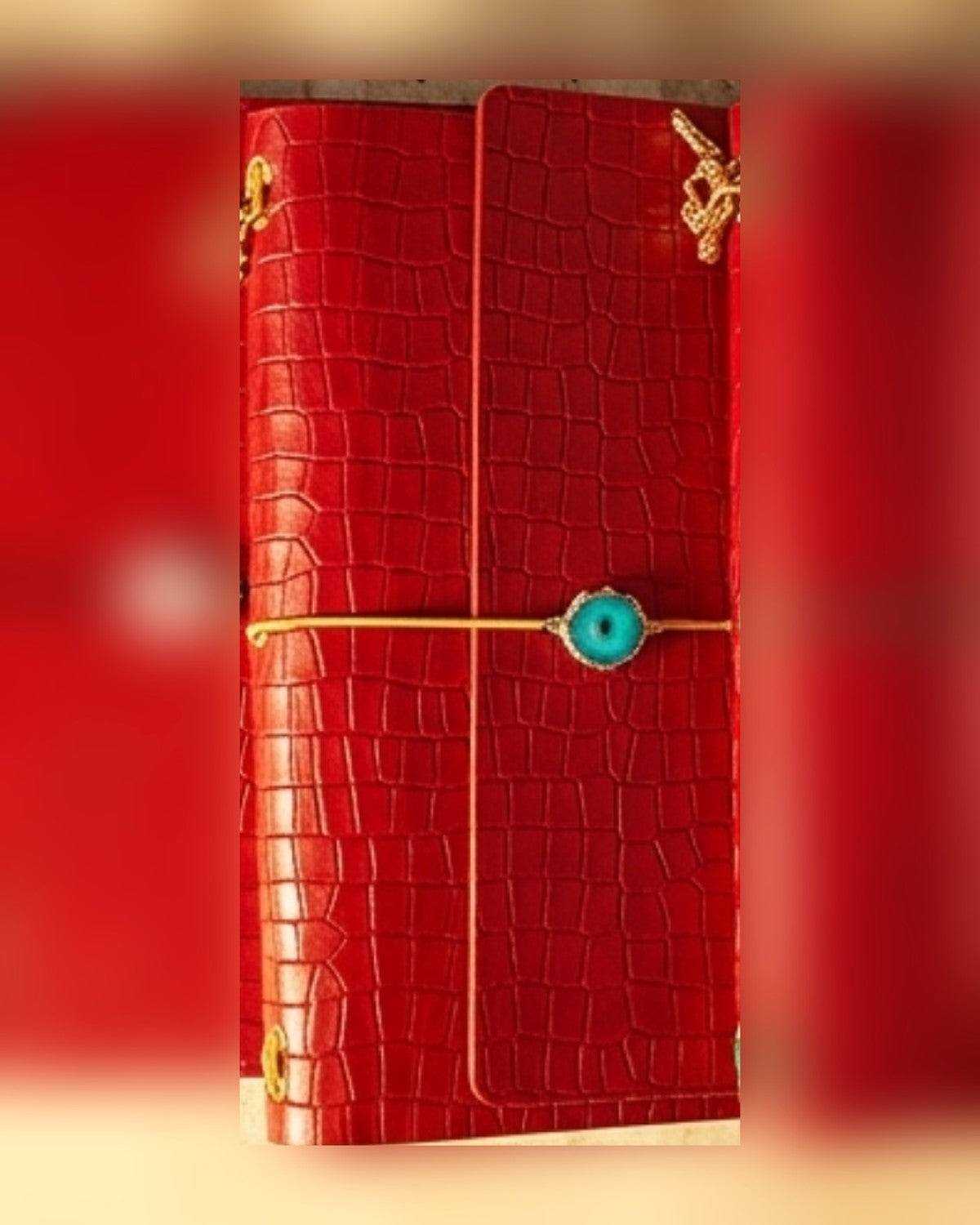 Carnet cuir vegan A5 rouge avec pierre agate turquoise