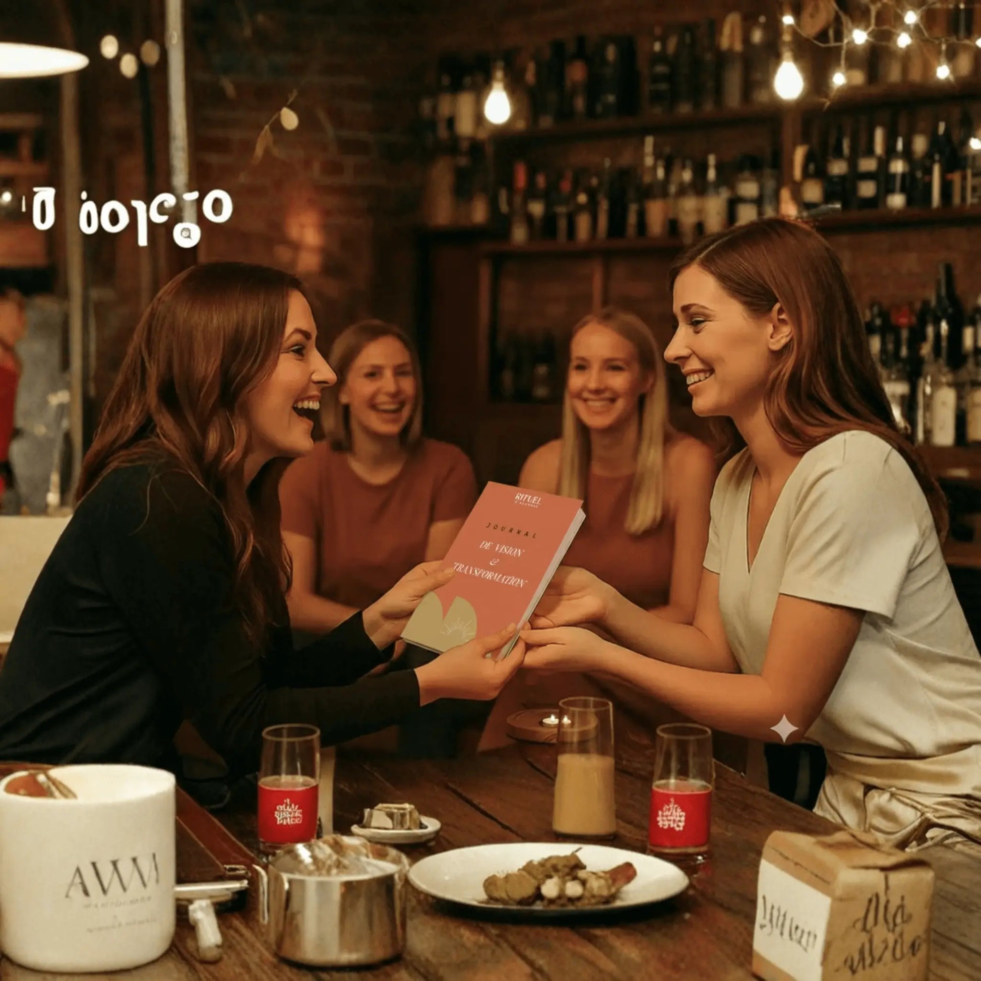 une femme offre en cadeau le journal introspectif entouré de ses amis dans un bar