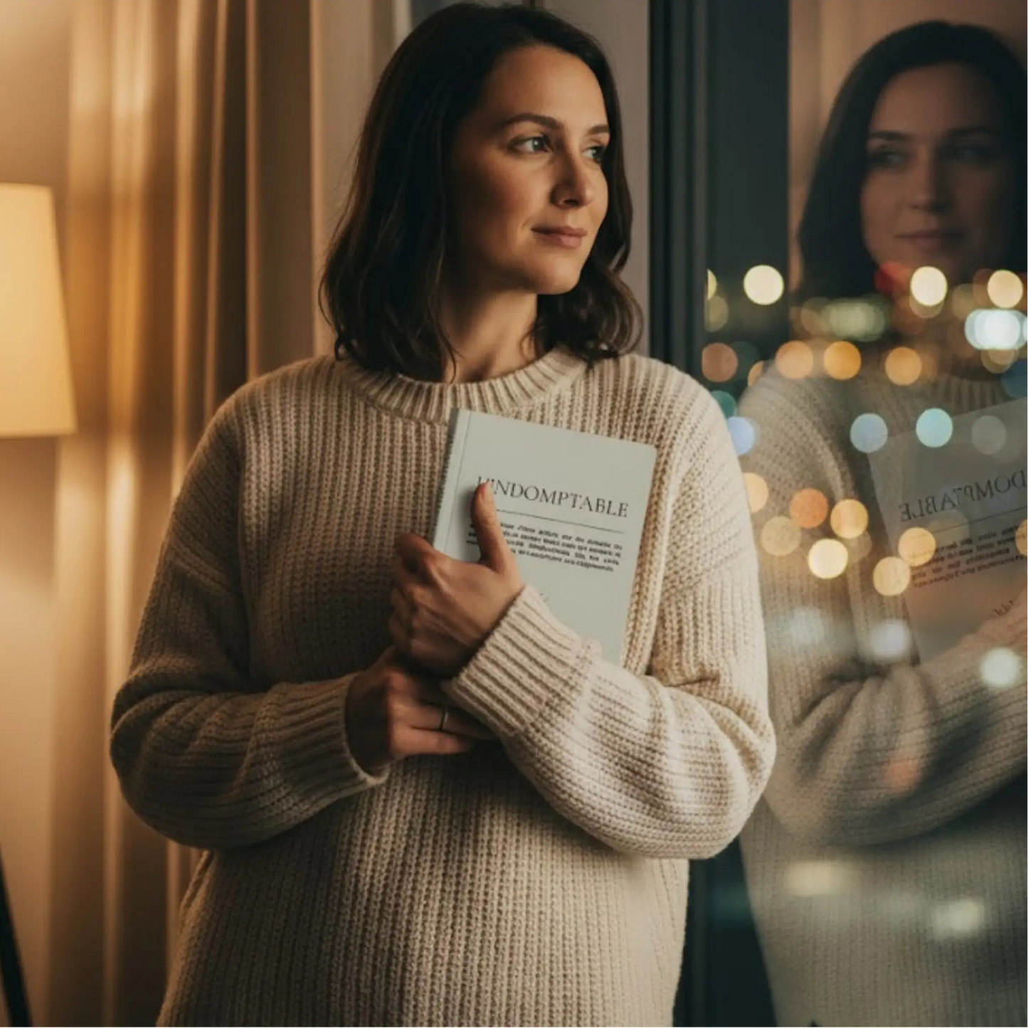 femme regardant par la fenetre avec son cahier personnalise indomptable dans les mains