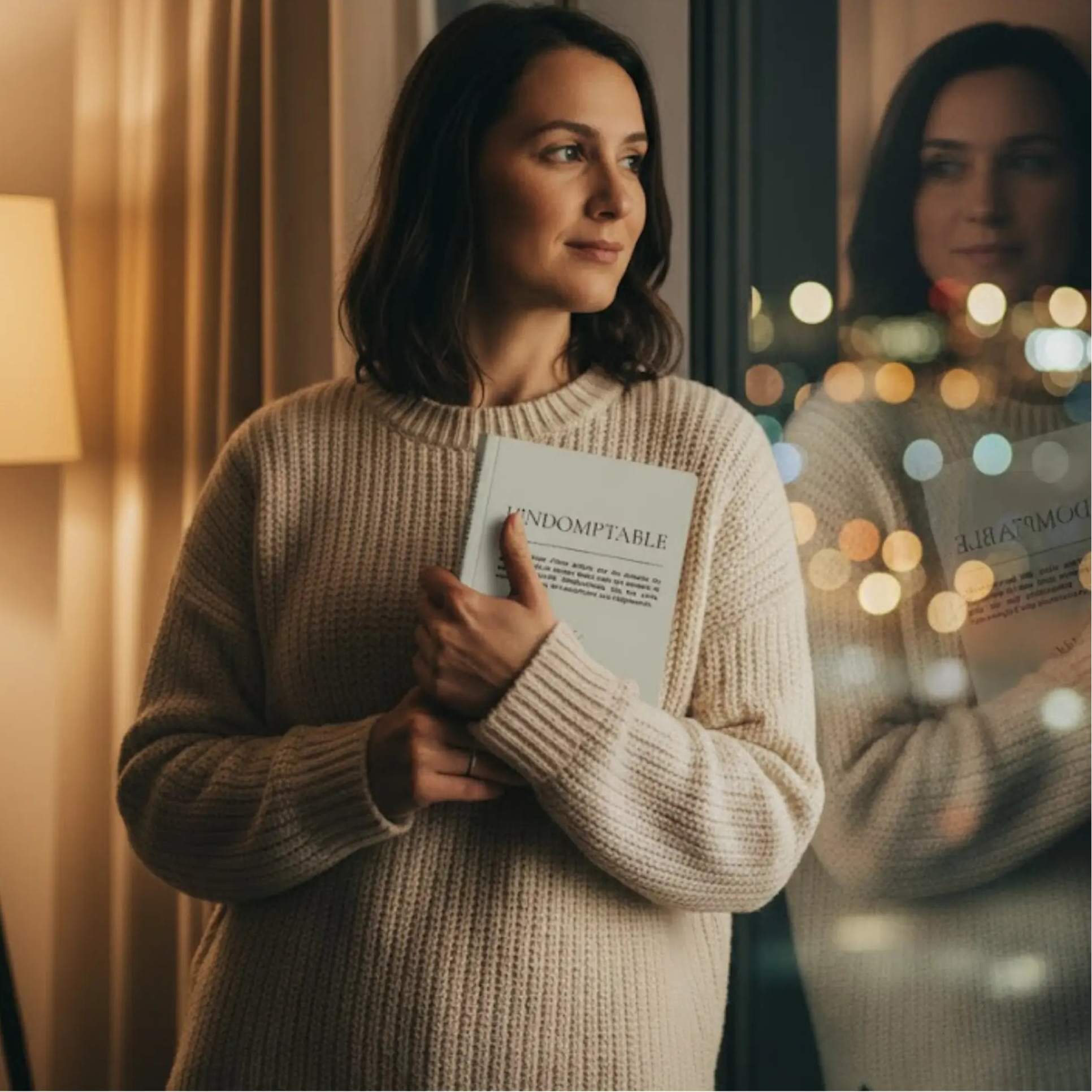 femme regardant par la fenetre avec son cahier personnalise indomptable dans les mains