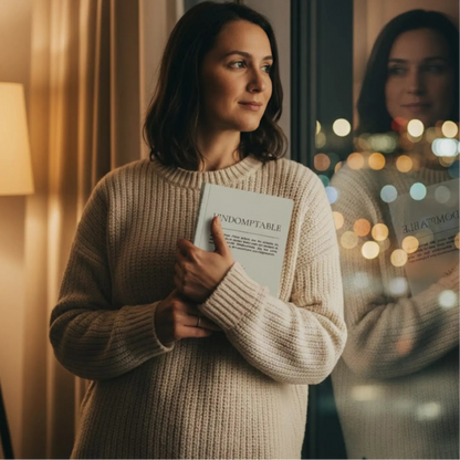 femme regardant par la fenetre avec son cahier personnalise indomptable dans les mains