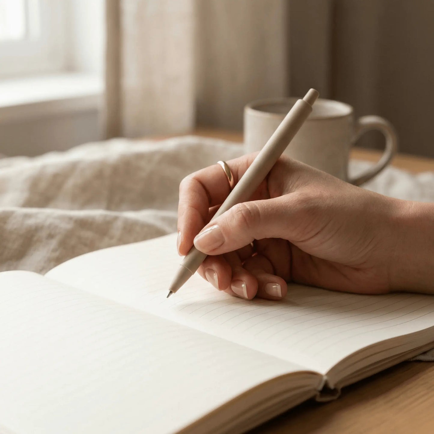 cahier ouvert avec une main tenant un stylo écrivant dans le cahier