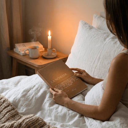 carnet personnalisé la nomade femme qui l'utilise dans son lit