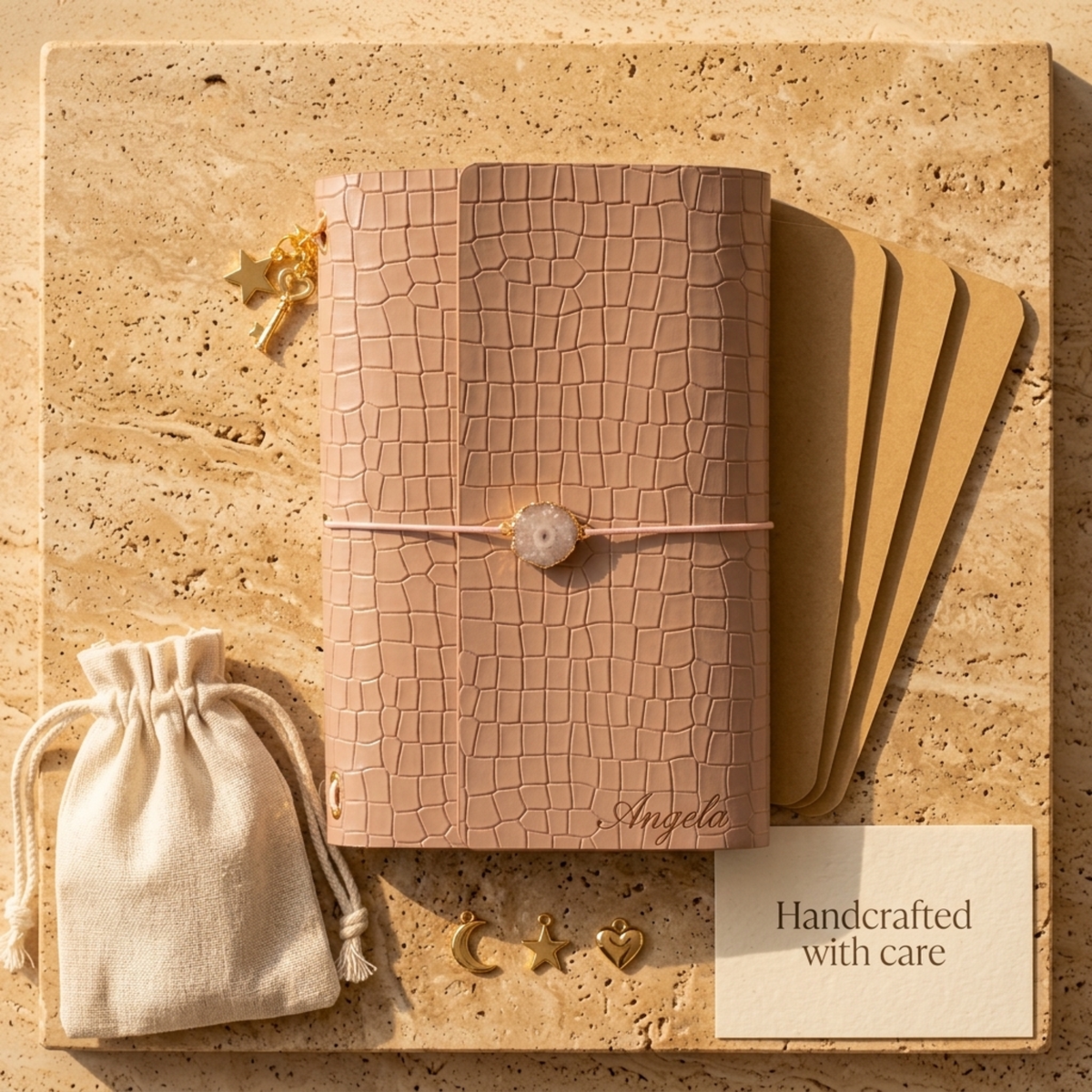 Carnet A5 cuir vegan croco avec charm pierre naturelle, vue 5
