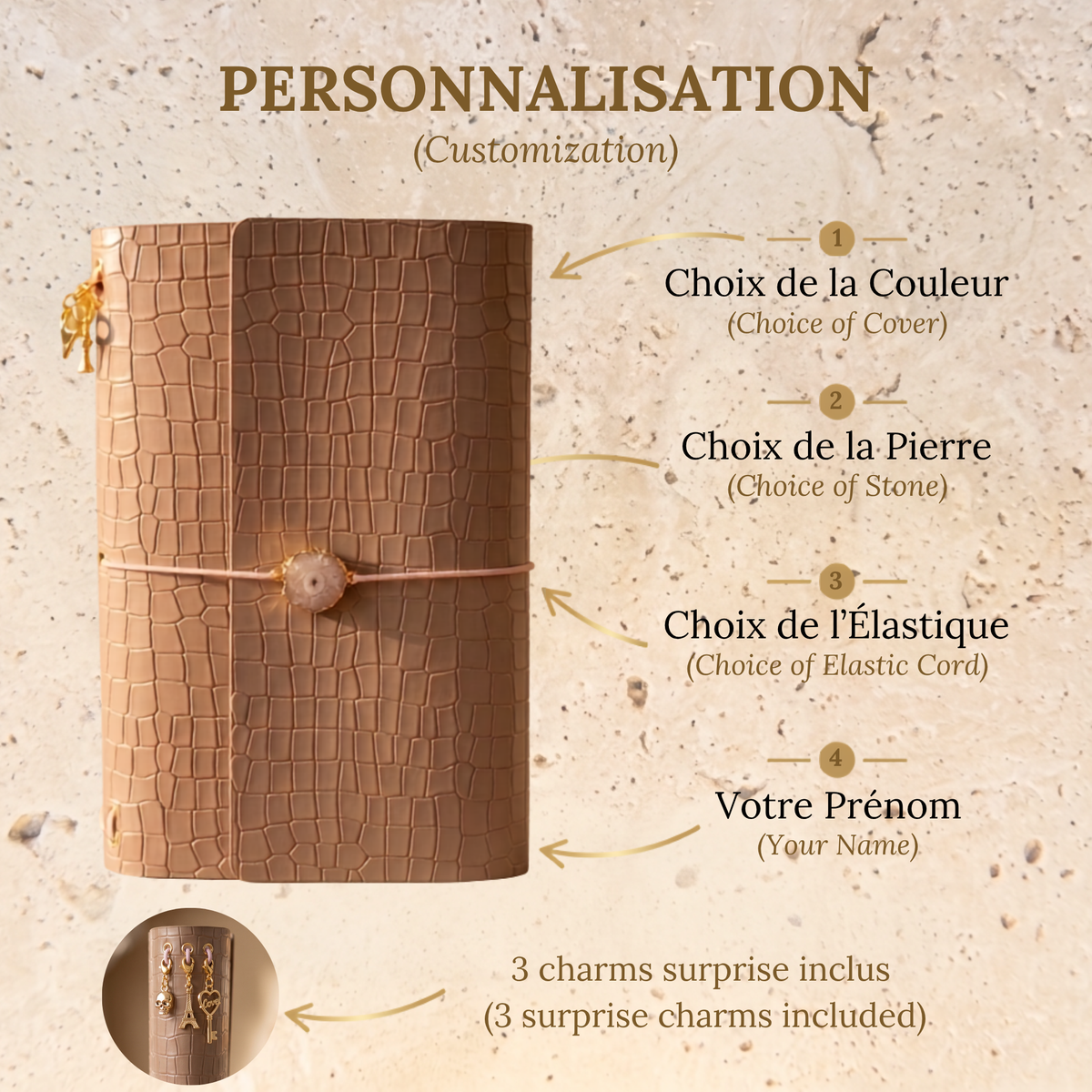 Carnet A5 cuir vegan croco avec charm pierre naturelle, vue 11