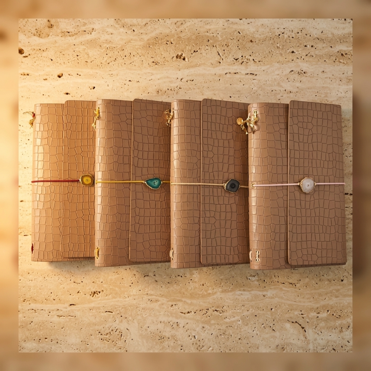 Carnet A5 cuir vegan croco avec charm pierre naturelle, vue 14
