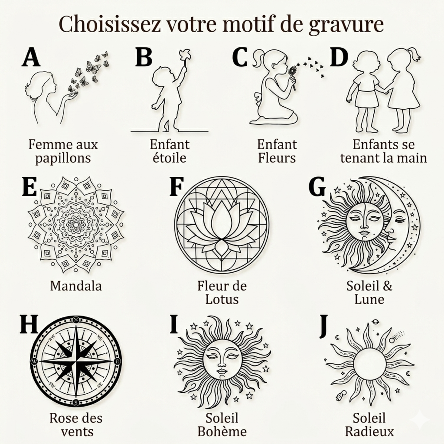 10 motifs de gravure au choix pour carnet cuir personnalisé - mandala lotus rose des vents