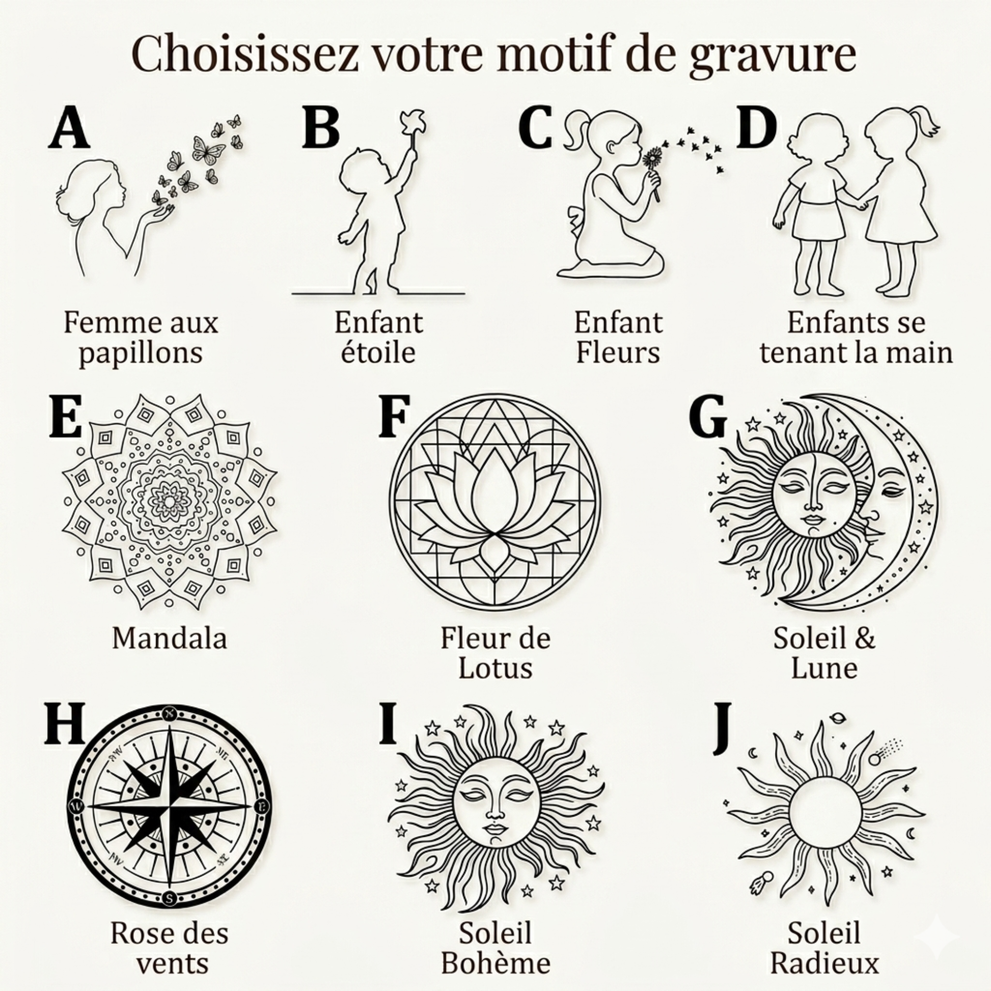 10 motifs de gravure au choix pour carnet cuir personnalisé - mandala lotus rose des vents