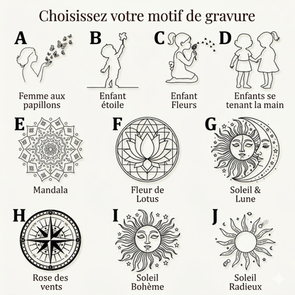 10 motifs de gravure au choix pour carnet cuir personnalisé - mandala lotus rose des vents