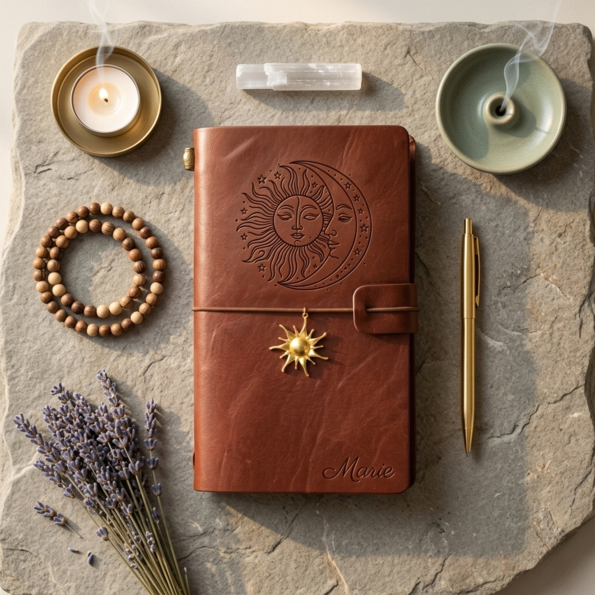 Carnet cuir vegan bleu nuit personnalisé prénom et motif gravé