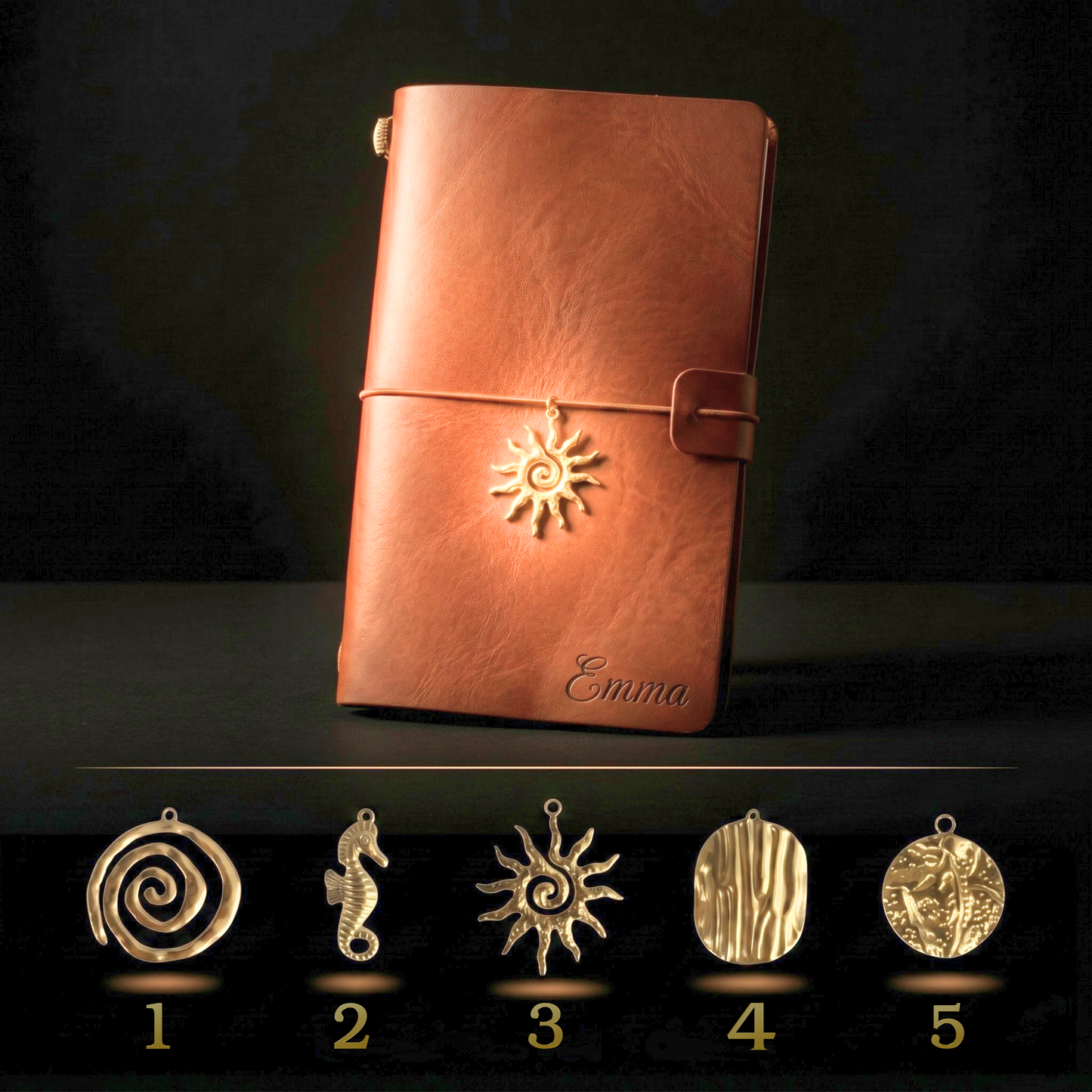 Carnet cuir personnalisé avec 5 charms métalliques au choix - spirale hippocampe soleil