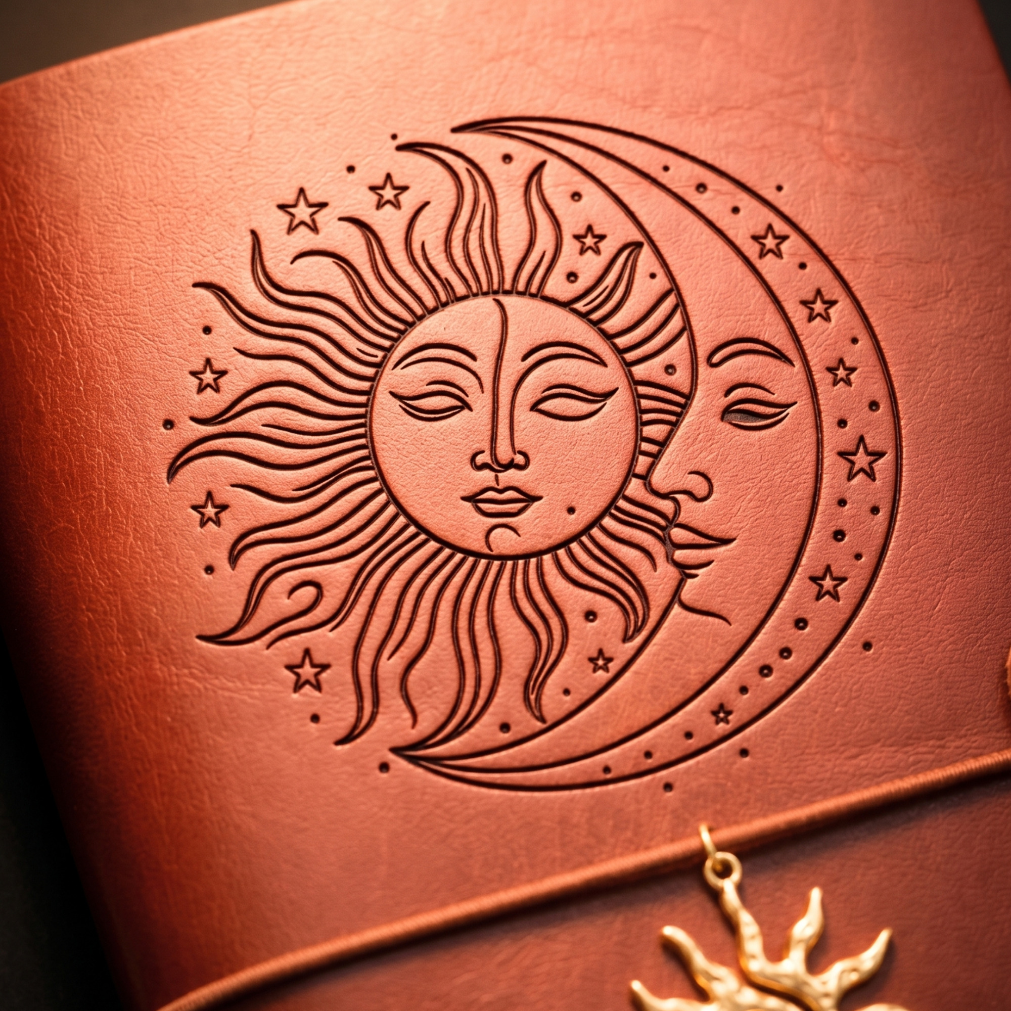 Détail gravure motif soleil et lune sur couverture cuir vegan burgundy