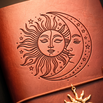 Détail gravure motif soleil et lune sur couverture cuir vegan burgundy