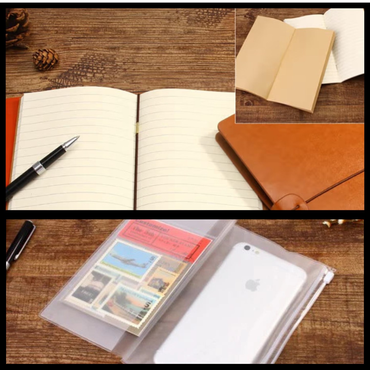 Intérieur carnet cuir vegan - pages lignées blanches pochettes rangement