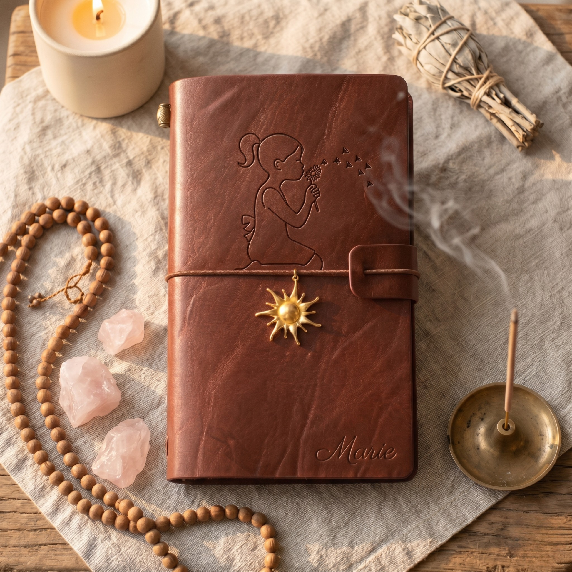 Motif C - Enfant fleurs gravure carnet cuir personnalisé