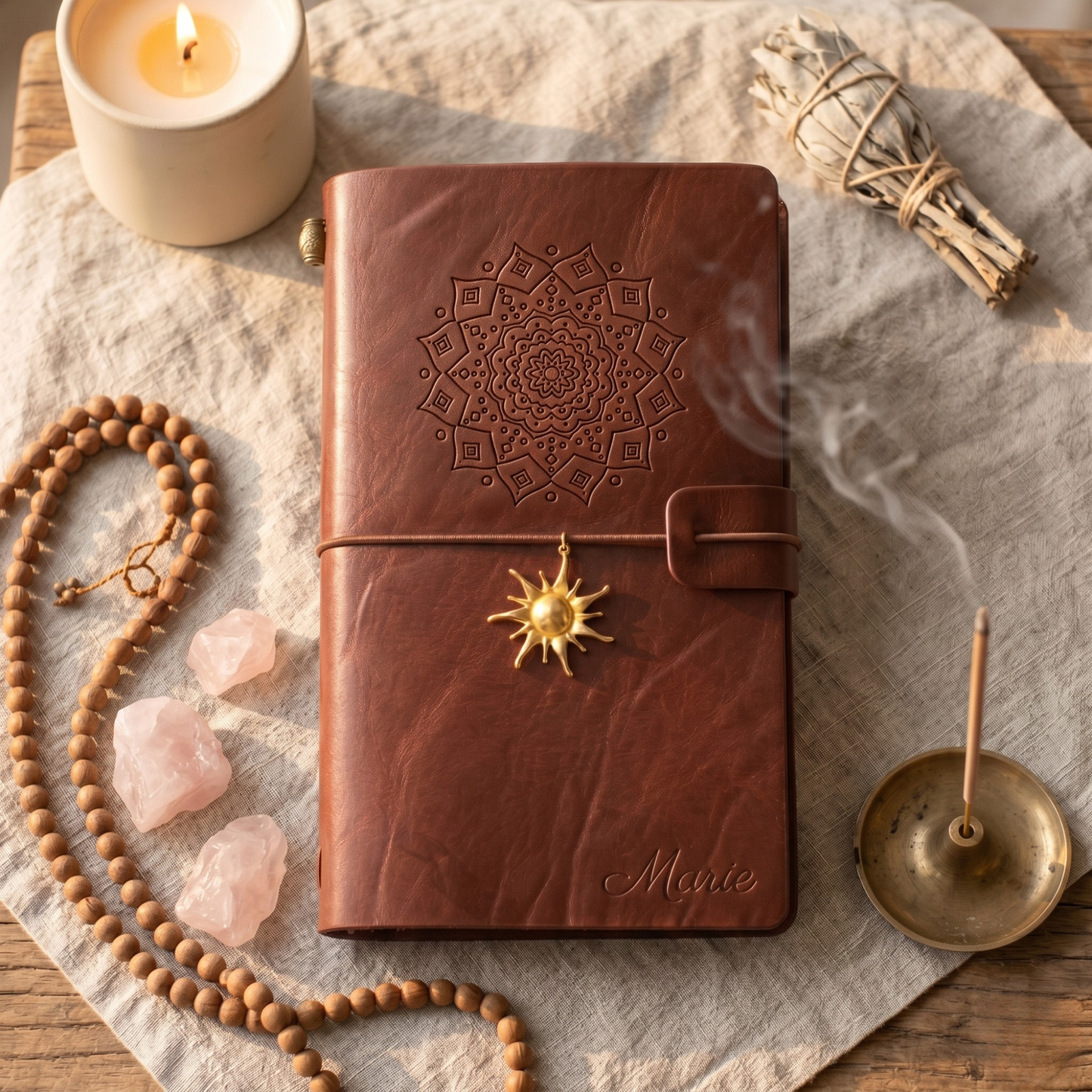 Motif E - Mandala gravure carnet cuir personnalisé