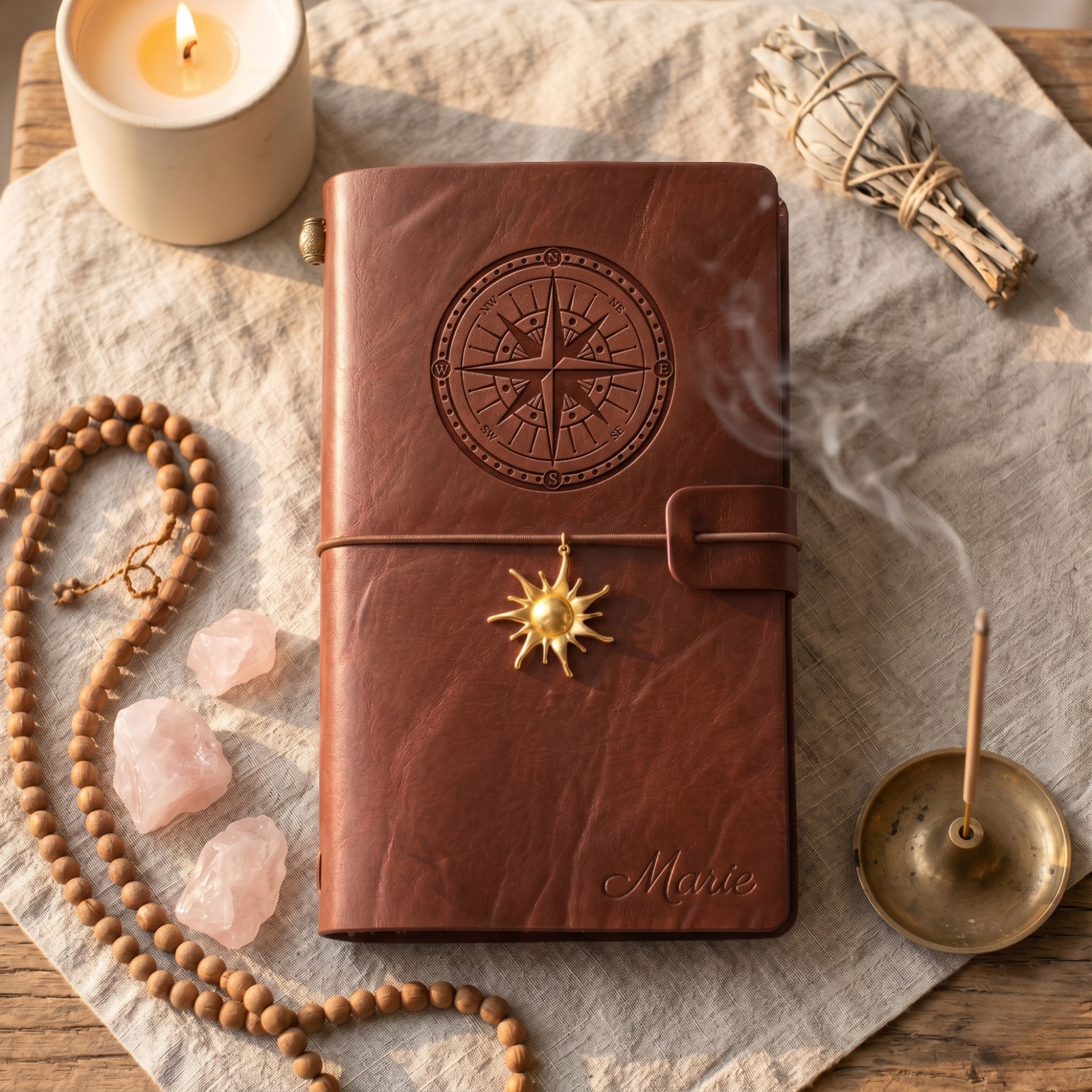 Motif H - Rose des vents gravure carnet cuir personnalisé