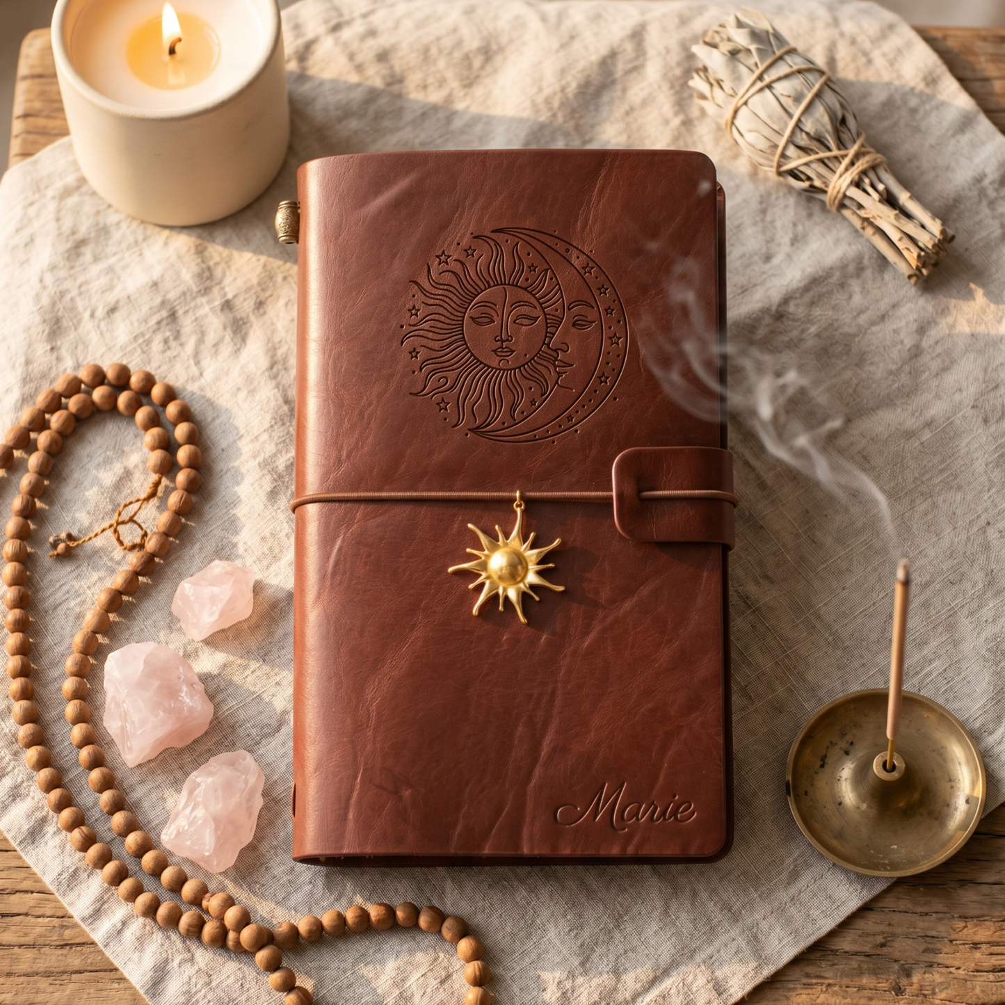 Motif G - Soleil et lune gravure carnet cuir personnalisé