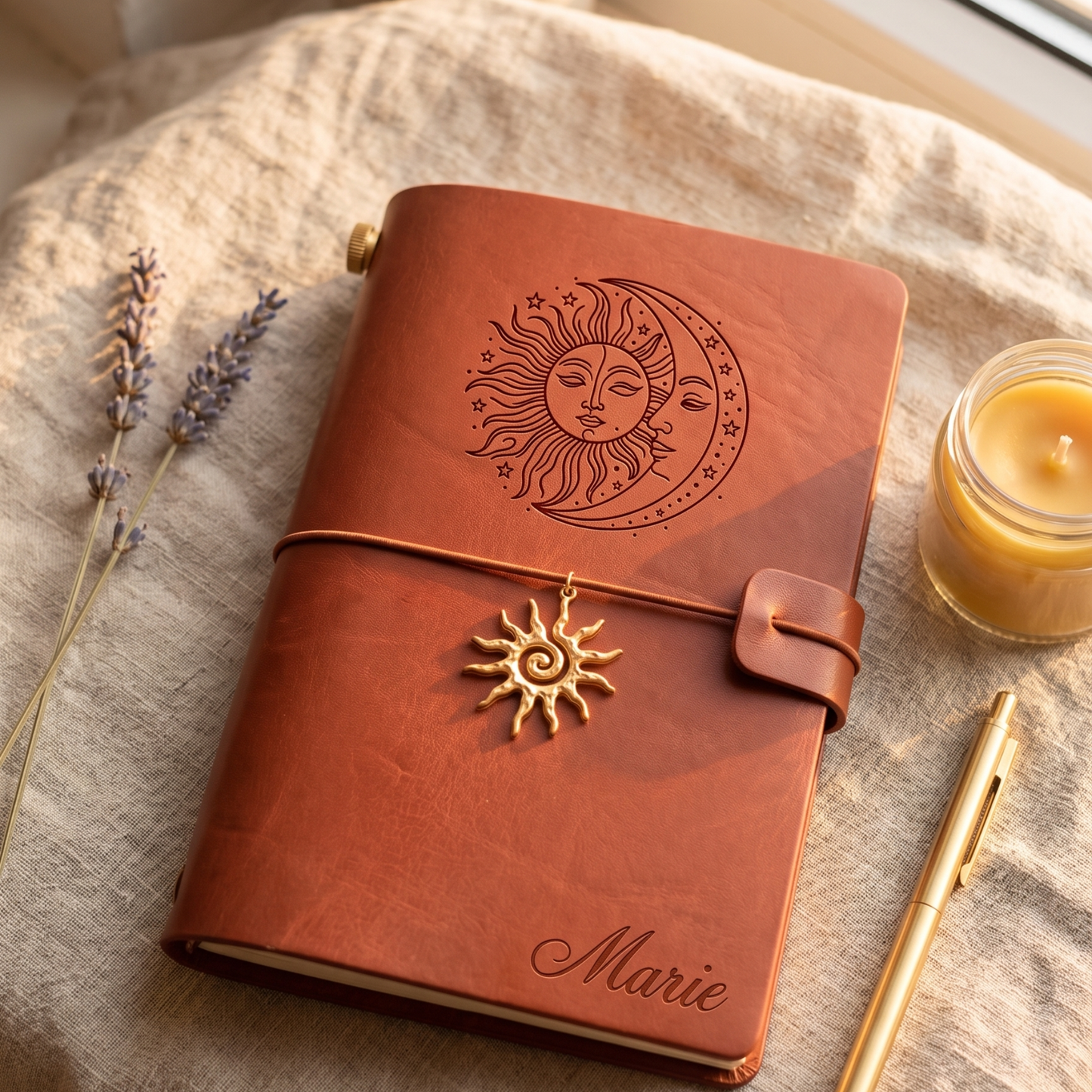Carnet cuir vegan personnalisé prénom Marie avec motif soleil et lune - Rituel d'Ancrage