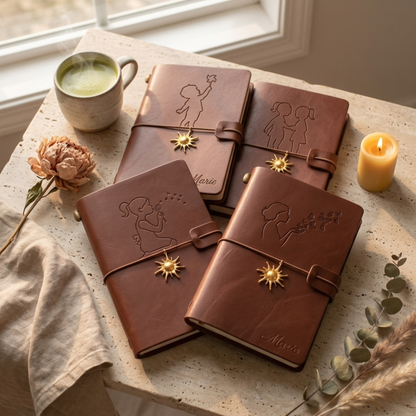 Carnet cuir vegan ouvert avec carnets rechargeables intérieur trifold