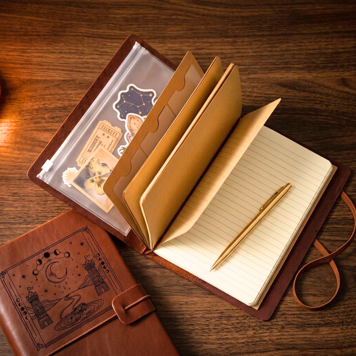 Intérieur d'un carnet cuir rechargeable : cahier ligné et cahier kraft