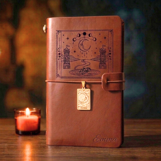 Carnet cuir tarot personnalisé avec arcane La Lune et prénom gravés au laser