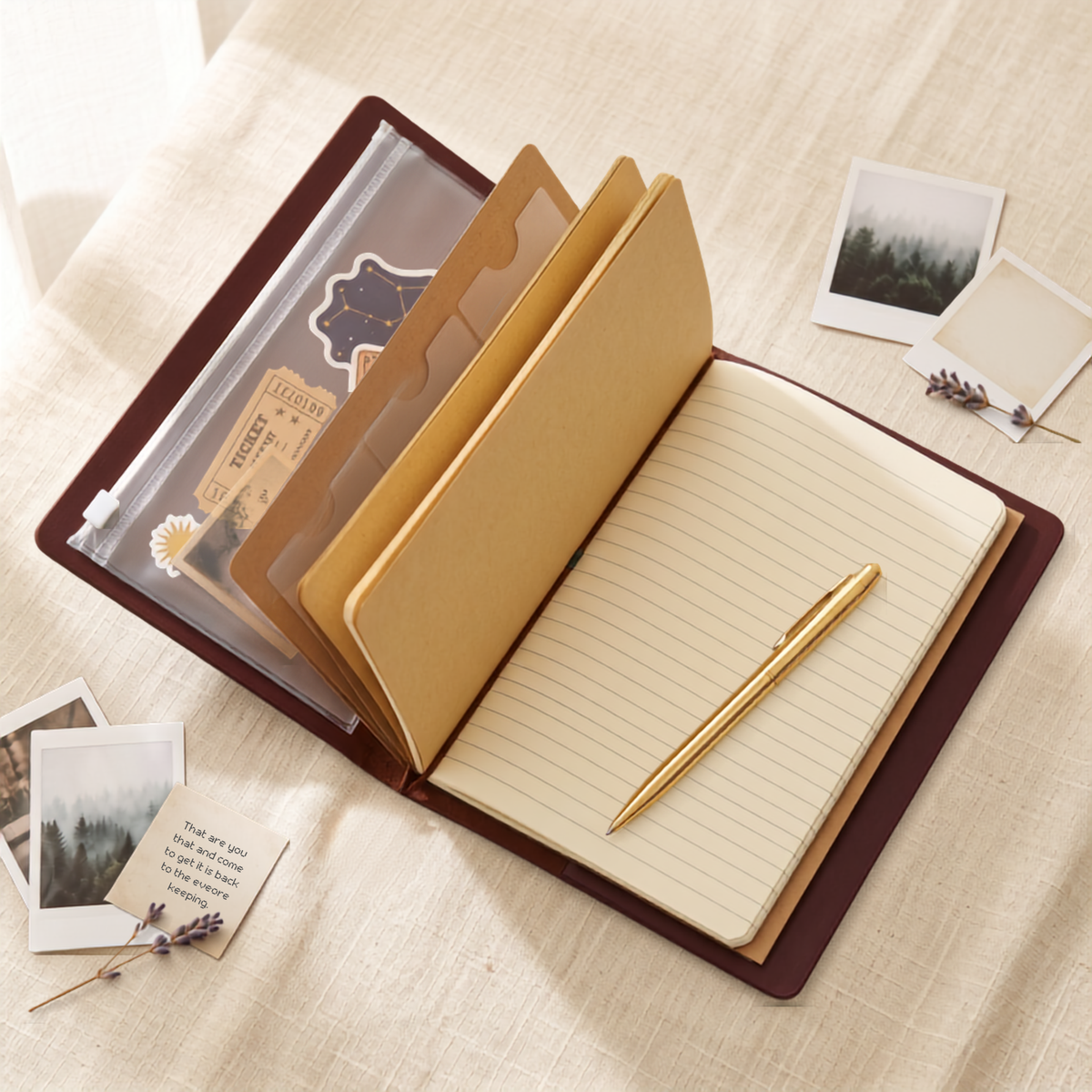Carnet cuir rechargeable ouvert avec cahier ligné et cahiers kraft