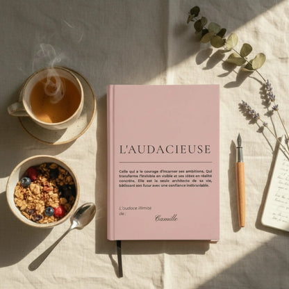 carnet d'écriture pour femme audacieuse pose sur un bureau pour ecrire