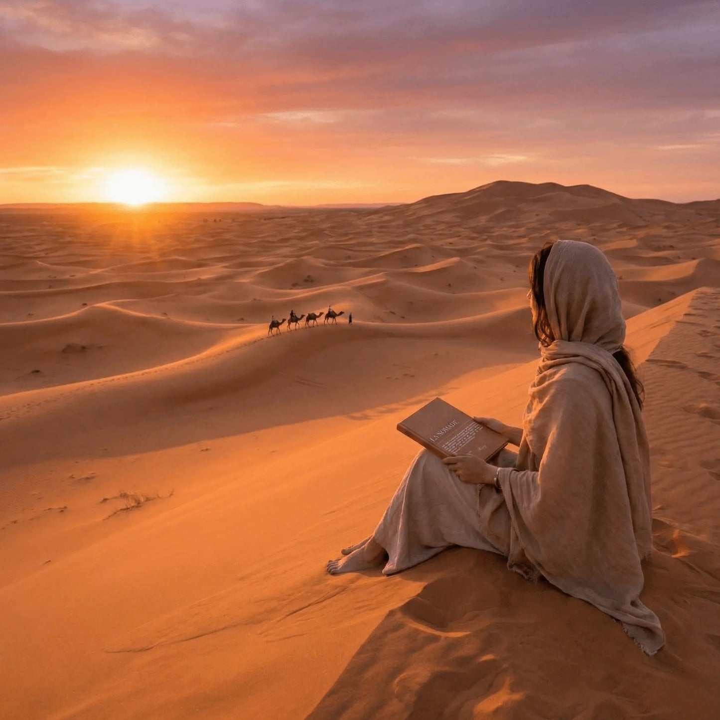 femme dans le desert ecrivant dans son cahier la nomade devant le couche du soleil