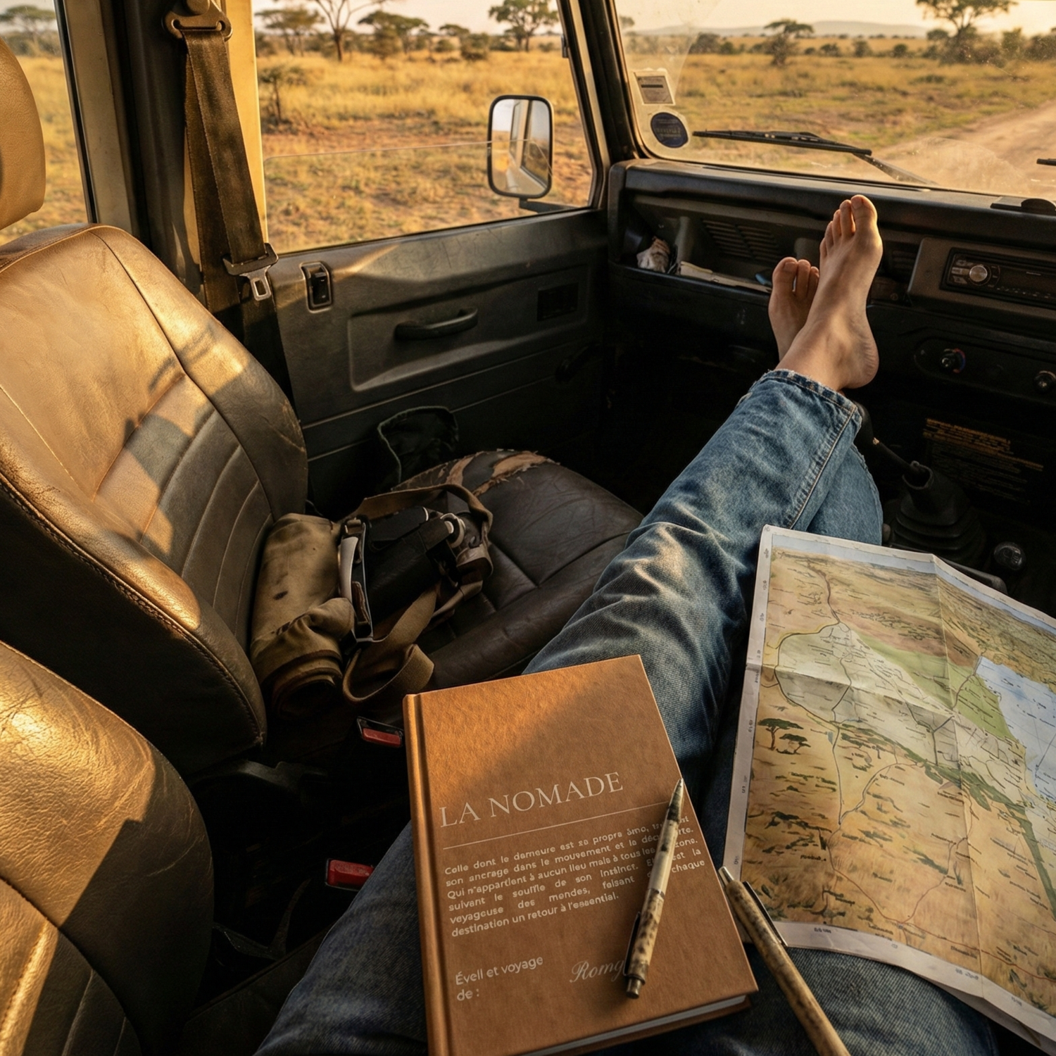 femme dans son landrover en safari africain avec son carnet la nomade