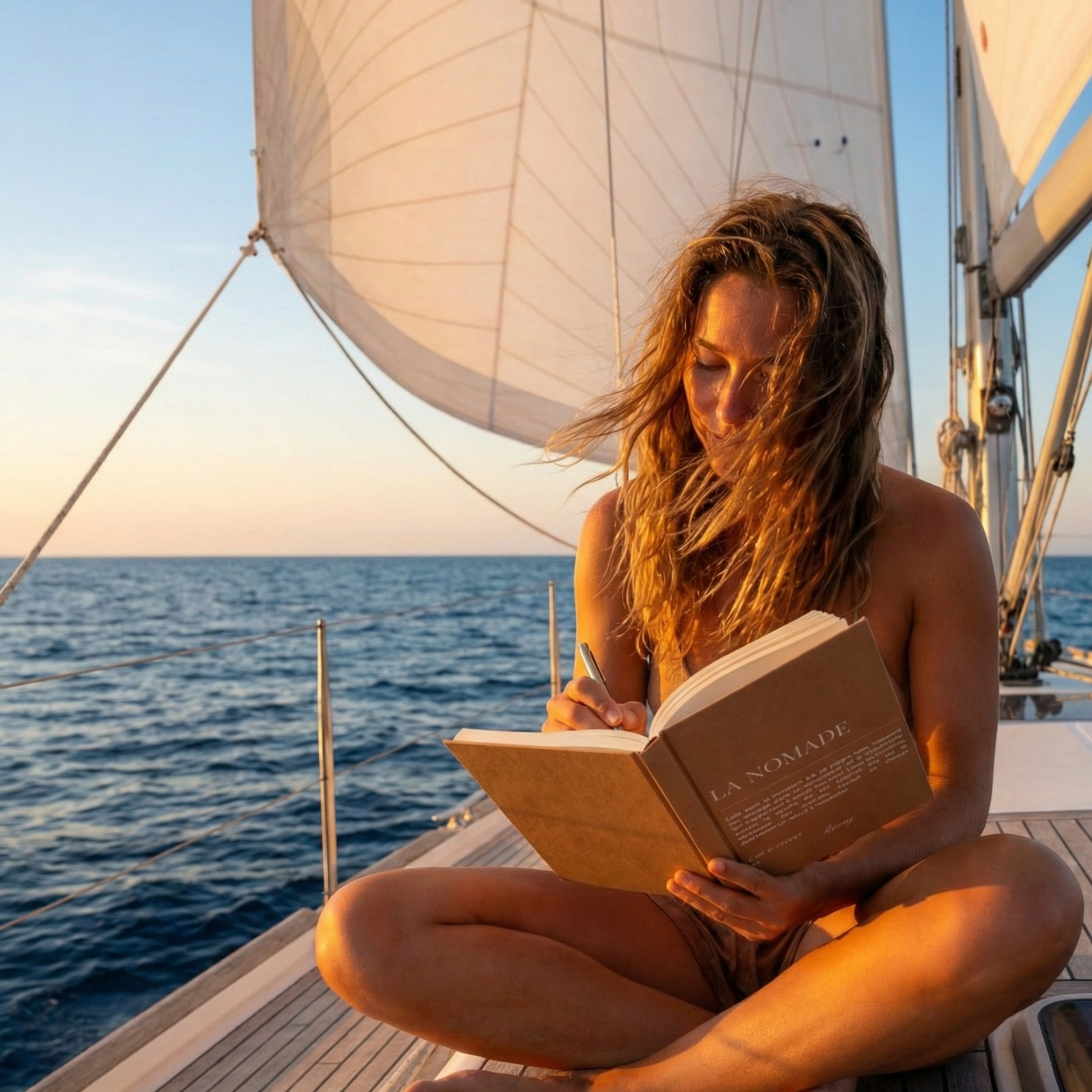 femme écrivant dans son carnet personnalise la nomade