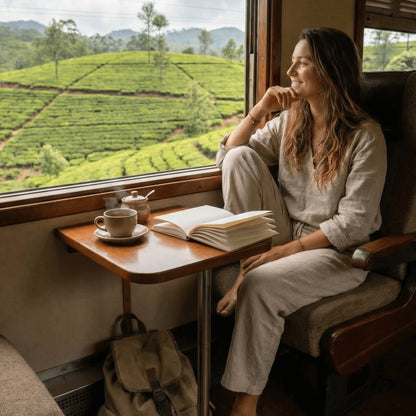 femme dans un train carnet la nomade ouvert sur la table