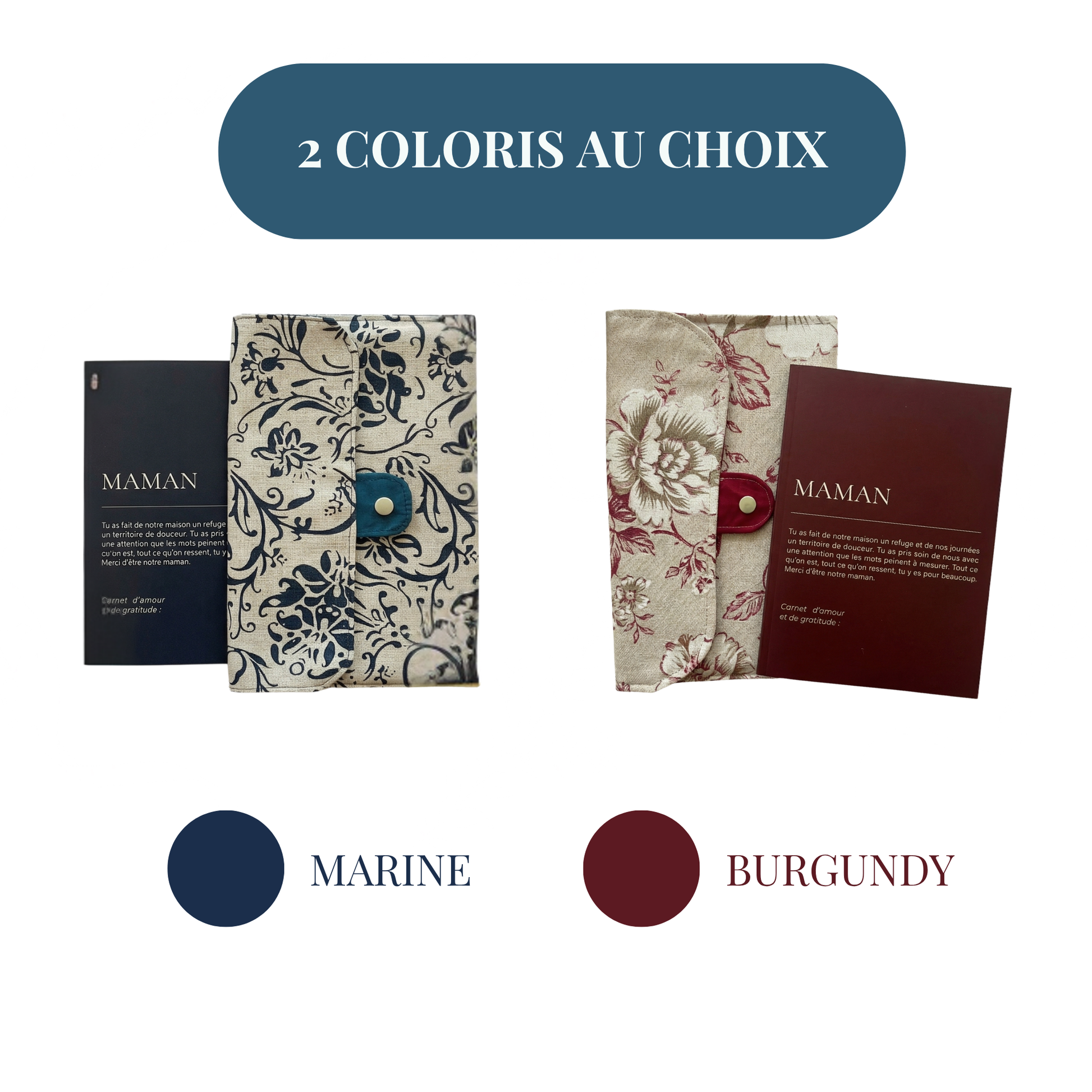 Carnet MAMAN personnalisé 2 coloris au choix Marine bleu nuit et Burgundy bordeaux — cadeau maman fait main