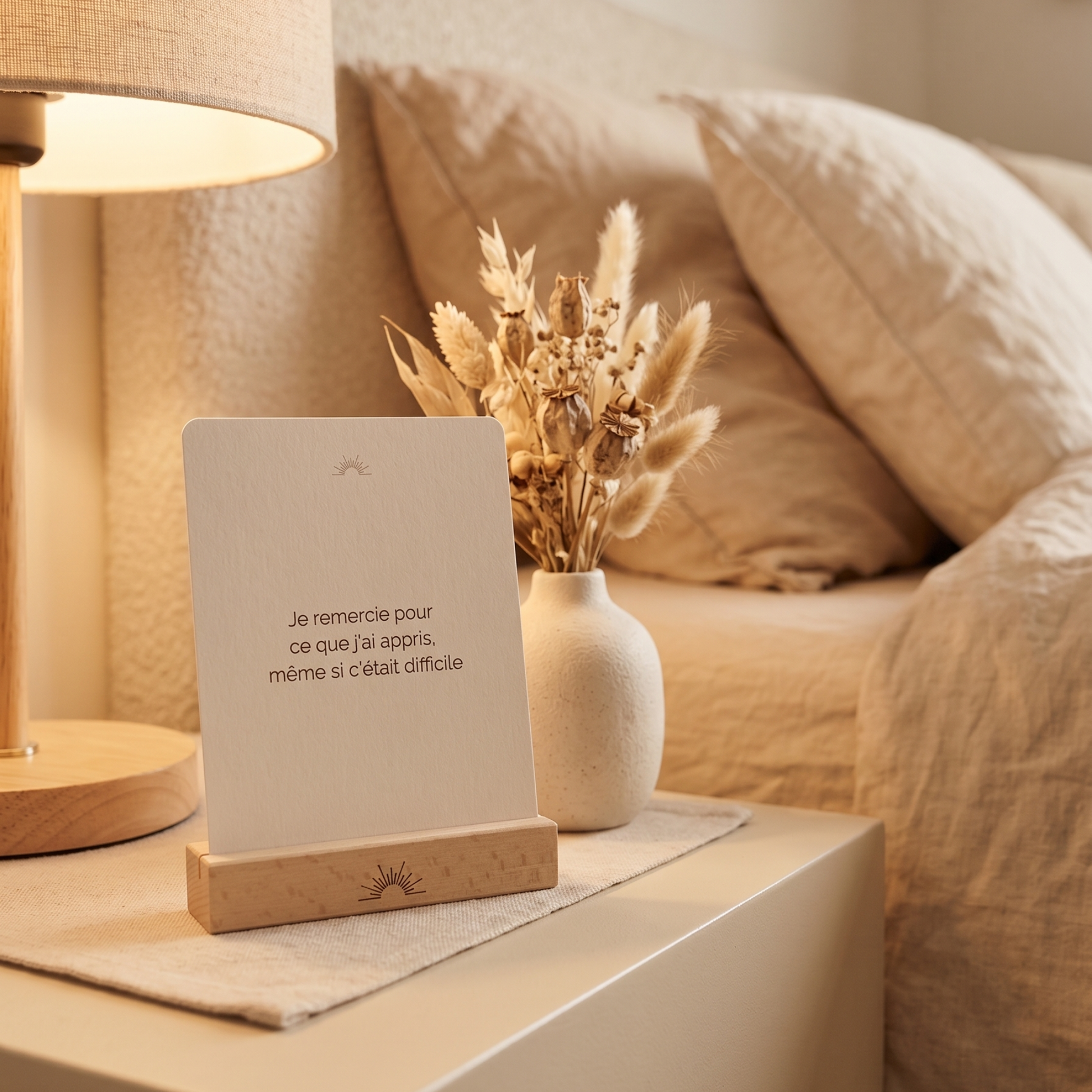 carte affirmation positive gratitude posée sur support bois décoration zen