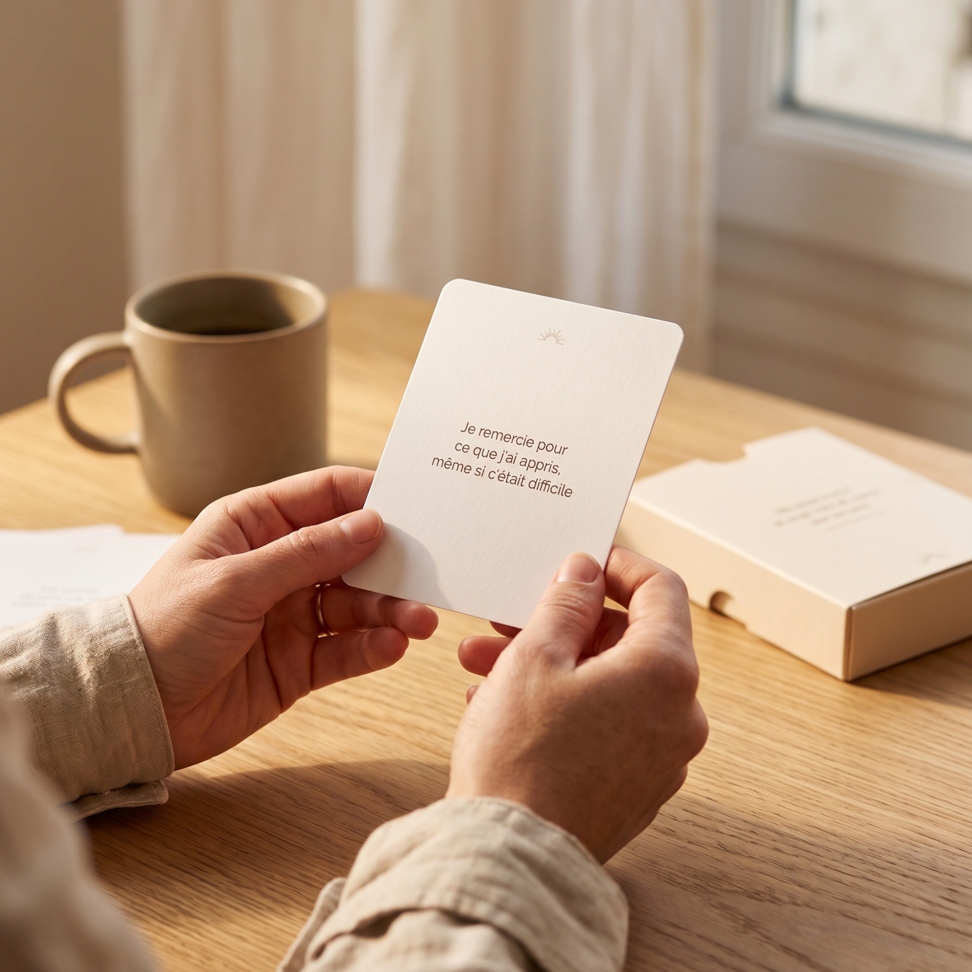 carte pensée positive du jour gratitude posée sur bureau minimaliste