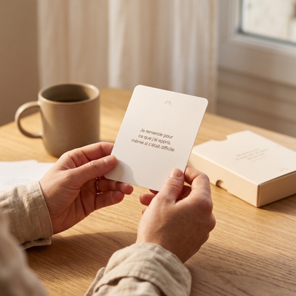 carte pensée positive du jour gratitude posée sur bureau minimaliste