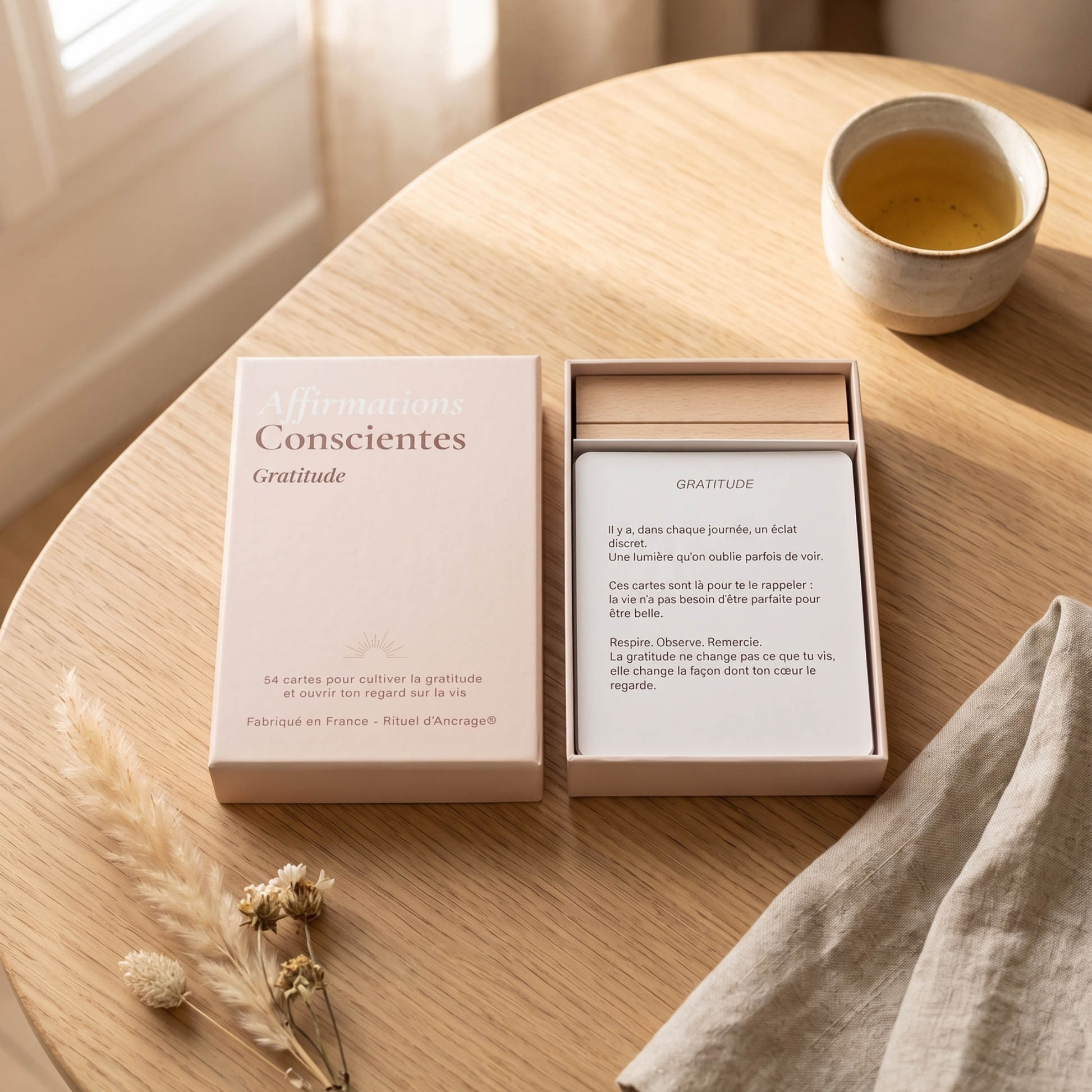 cartes affirmations positives gratitude étalées sur table ambiance cocooning