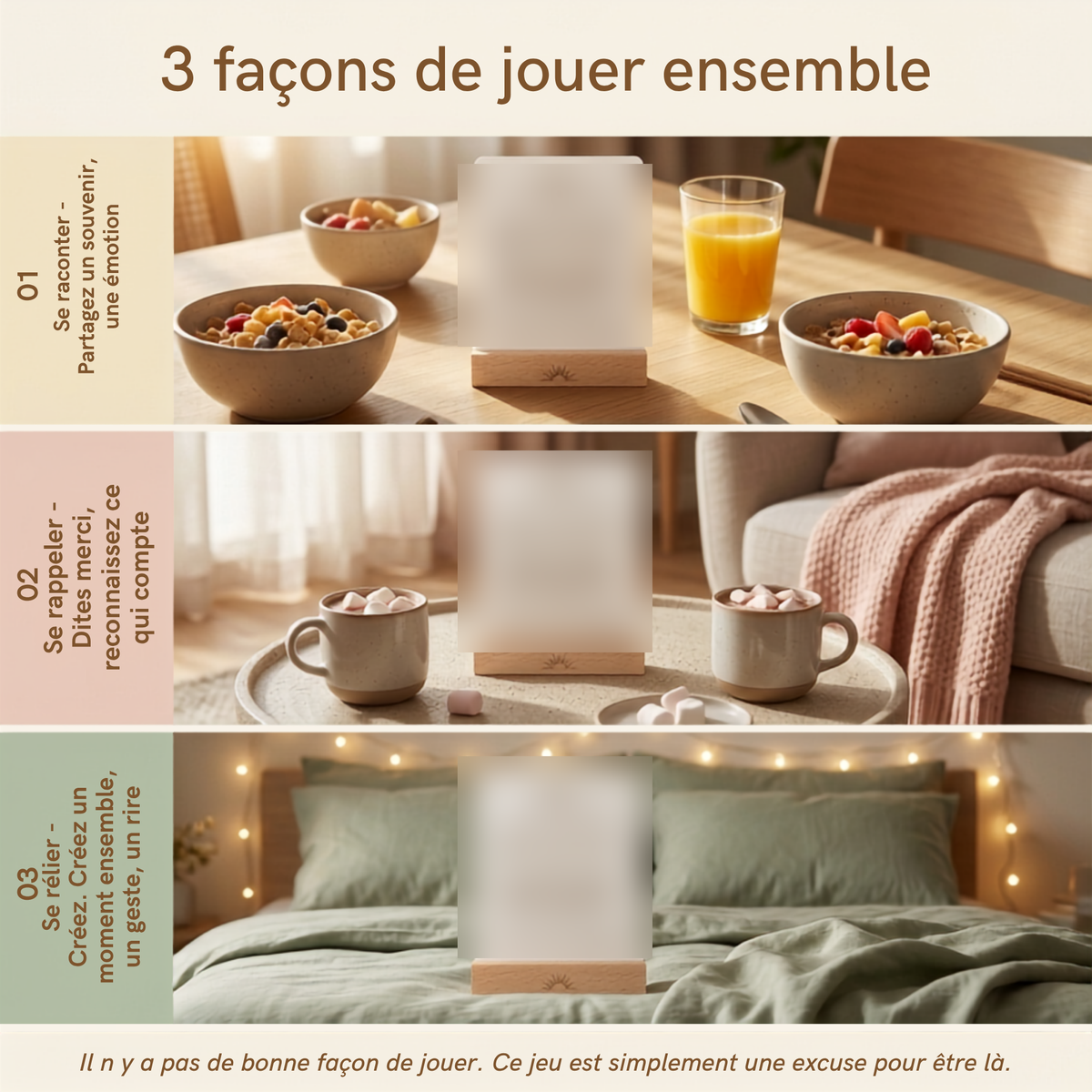 3 facons de jouer ensemble avec les cartes Entre Nous, rituel petit-dejeuner, salon et chambre