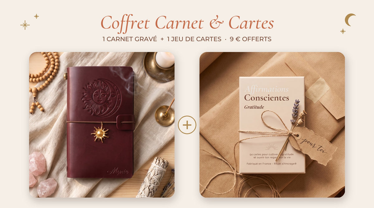 Coffret cadeau carnet en cuir vegan personnalisé et cartes d'affirmation Gratitude, 9 € offerts