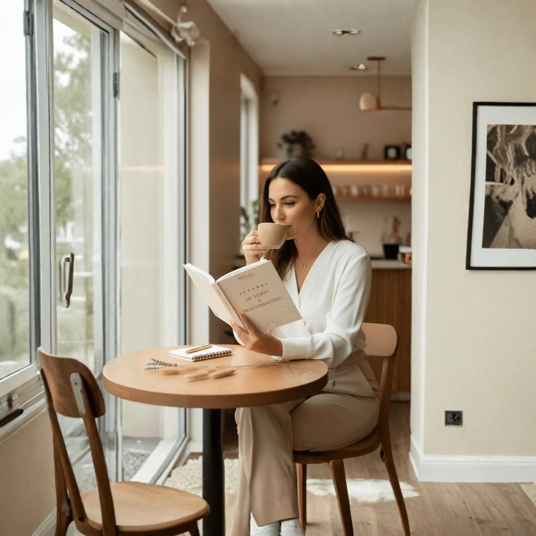 femme au déjeuner pratiquant le journaling dans son journal de vision transformation