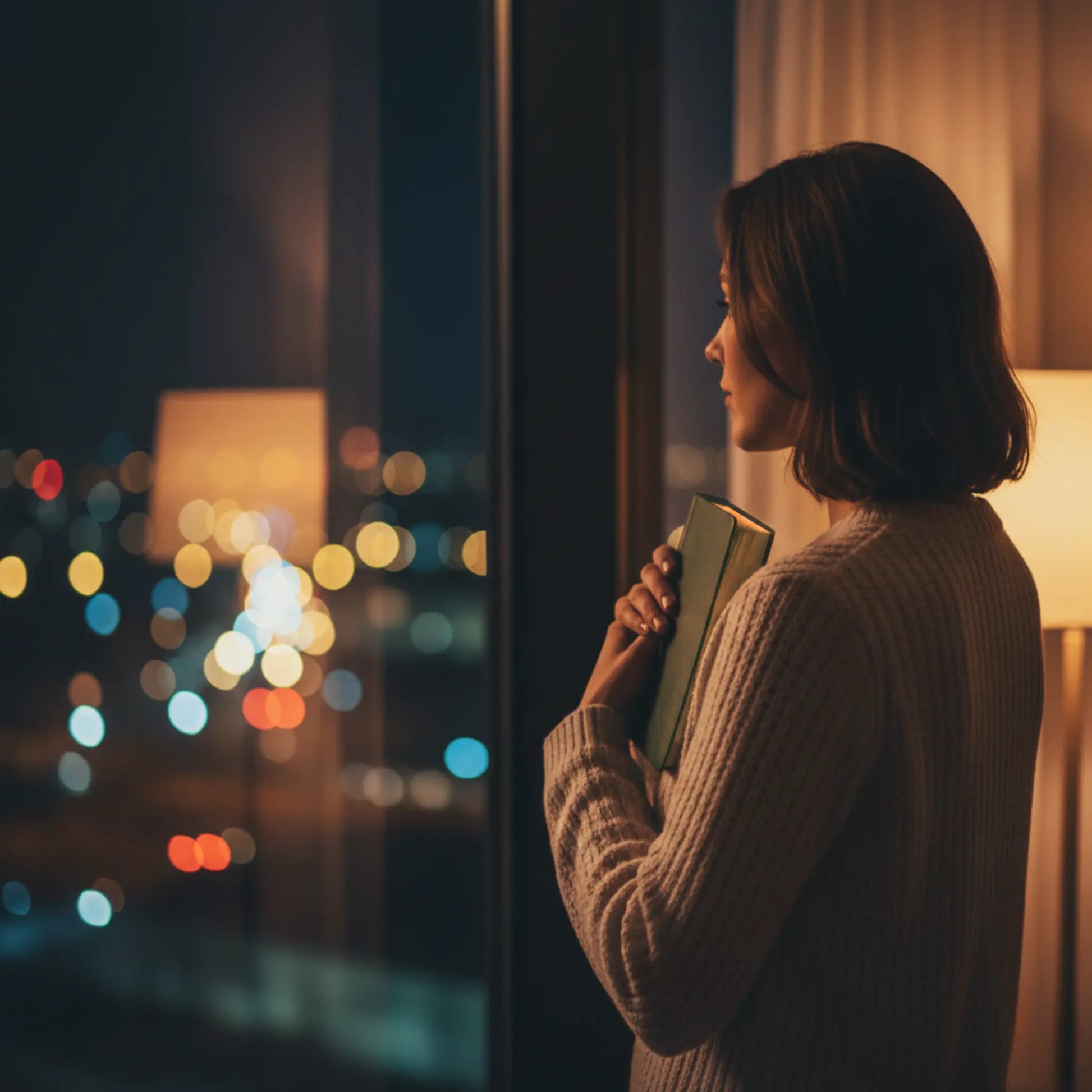 femme mediant devant sa fenetre avec son carnet personnalise 