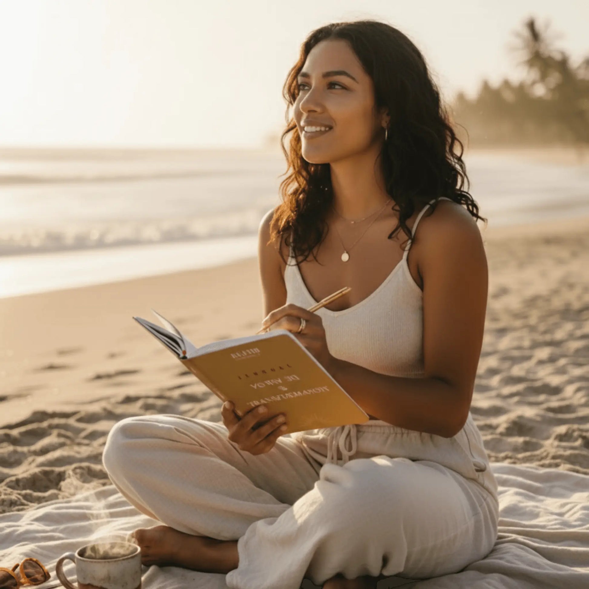 femme assise en tailleur sur la plage écrivant dans son journal de vision transformation